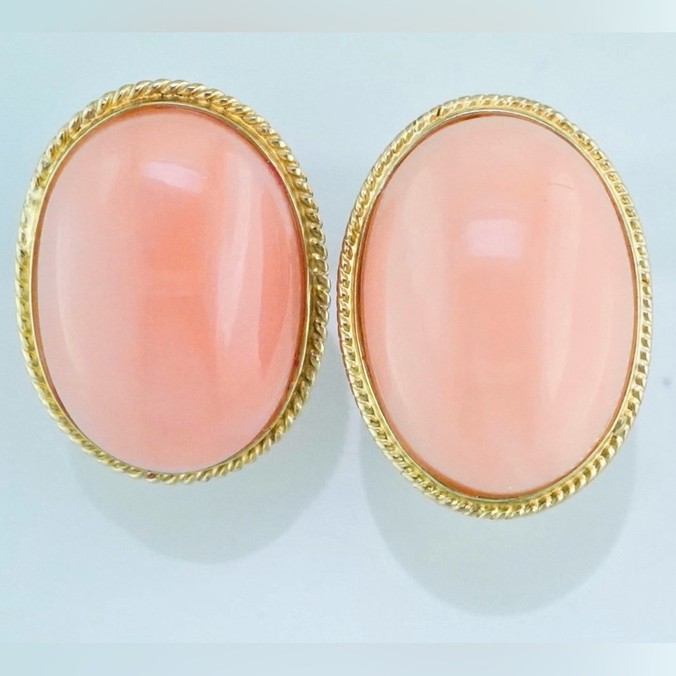 14k Yellow Gold Cabochon Rose Coral Earrings